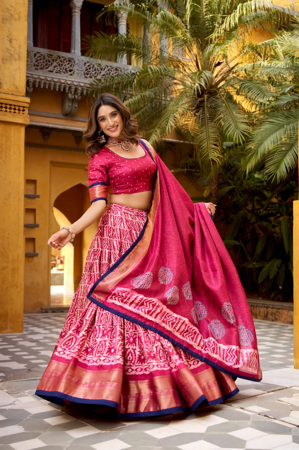 Dola Silk Batik Printed  Navy Rani Lehenga)