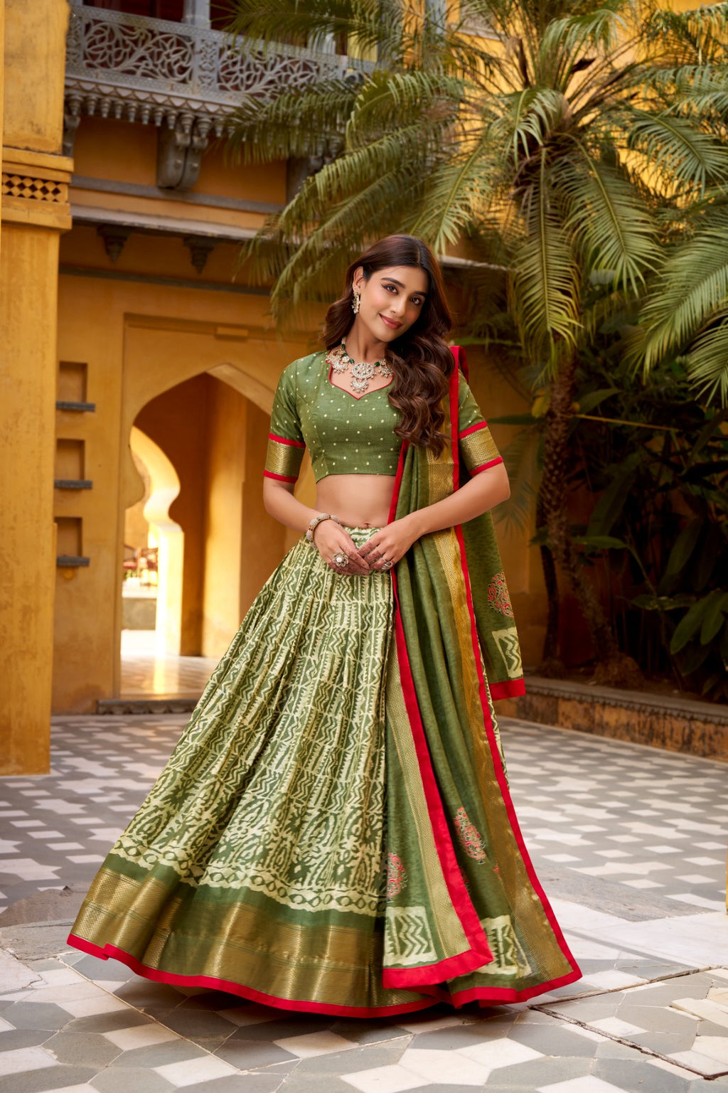 Dola Silk Batik Printed  Navy Green Lehenga