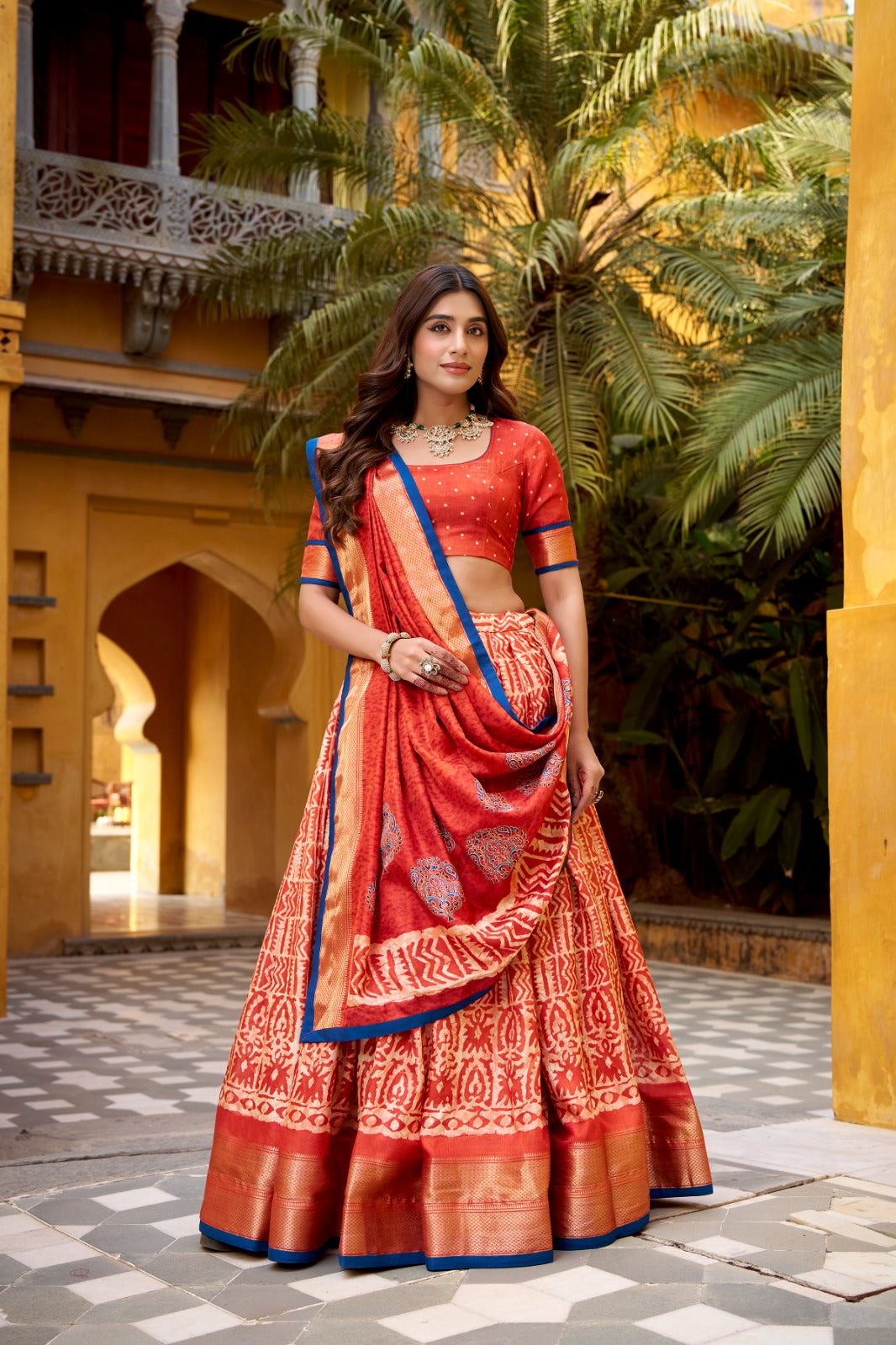 Dola Silk Batik Printed  Orange Lehenga
