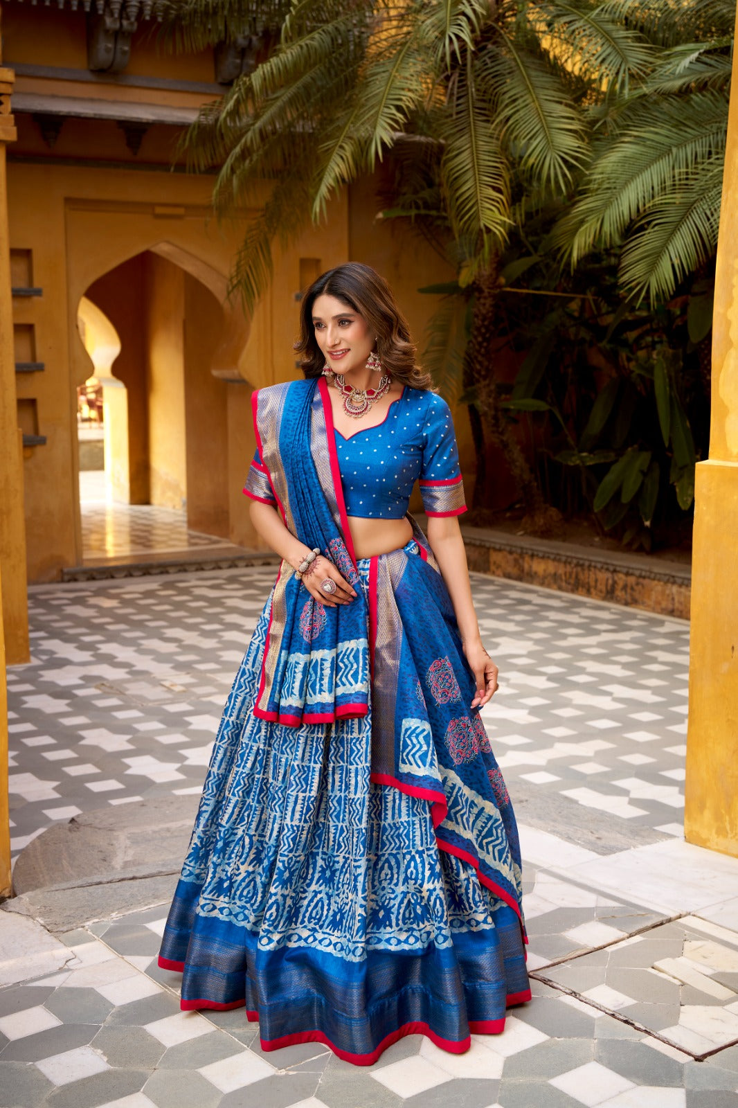 Dola Silk Batik Printed  Navy Blue Lehenga