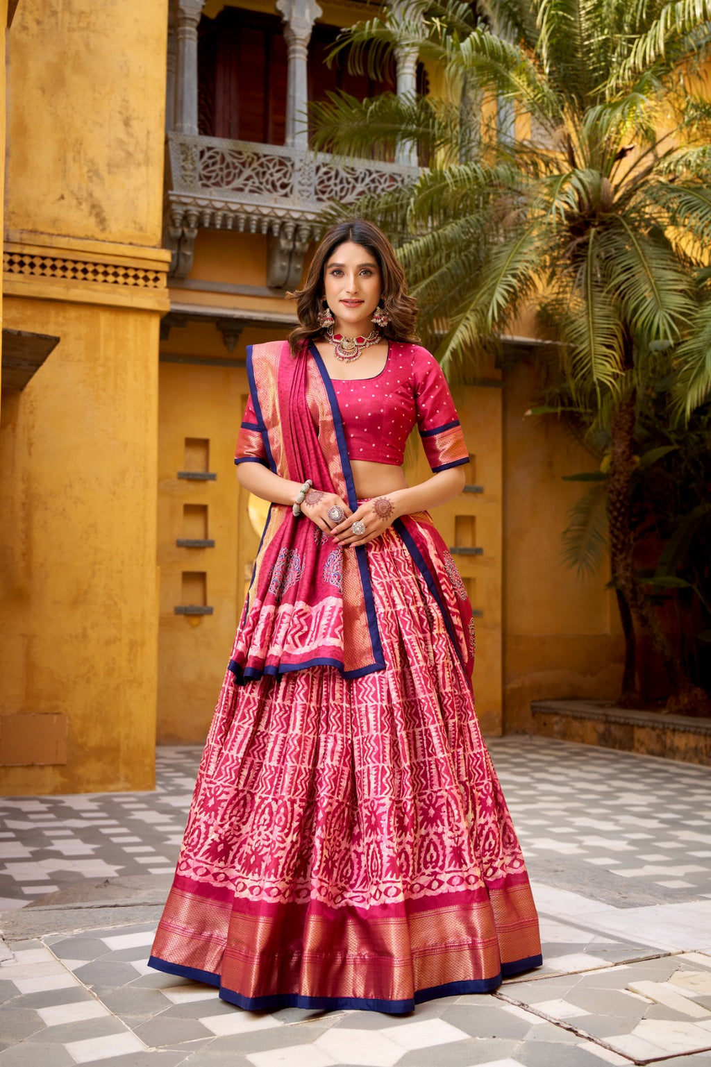 Dola Silk Batik Printed  Navy Rani Lehenga)