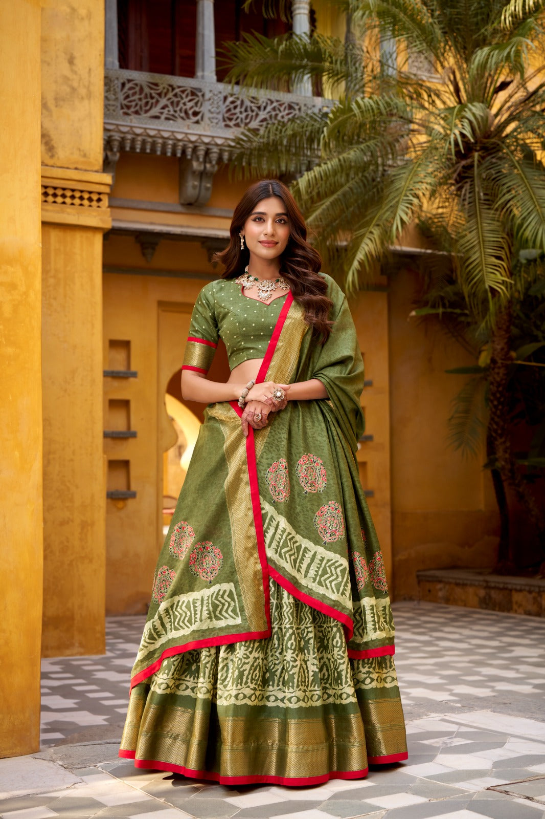 Dola Silk Batik Printed  Navy Green Lehenga