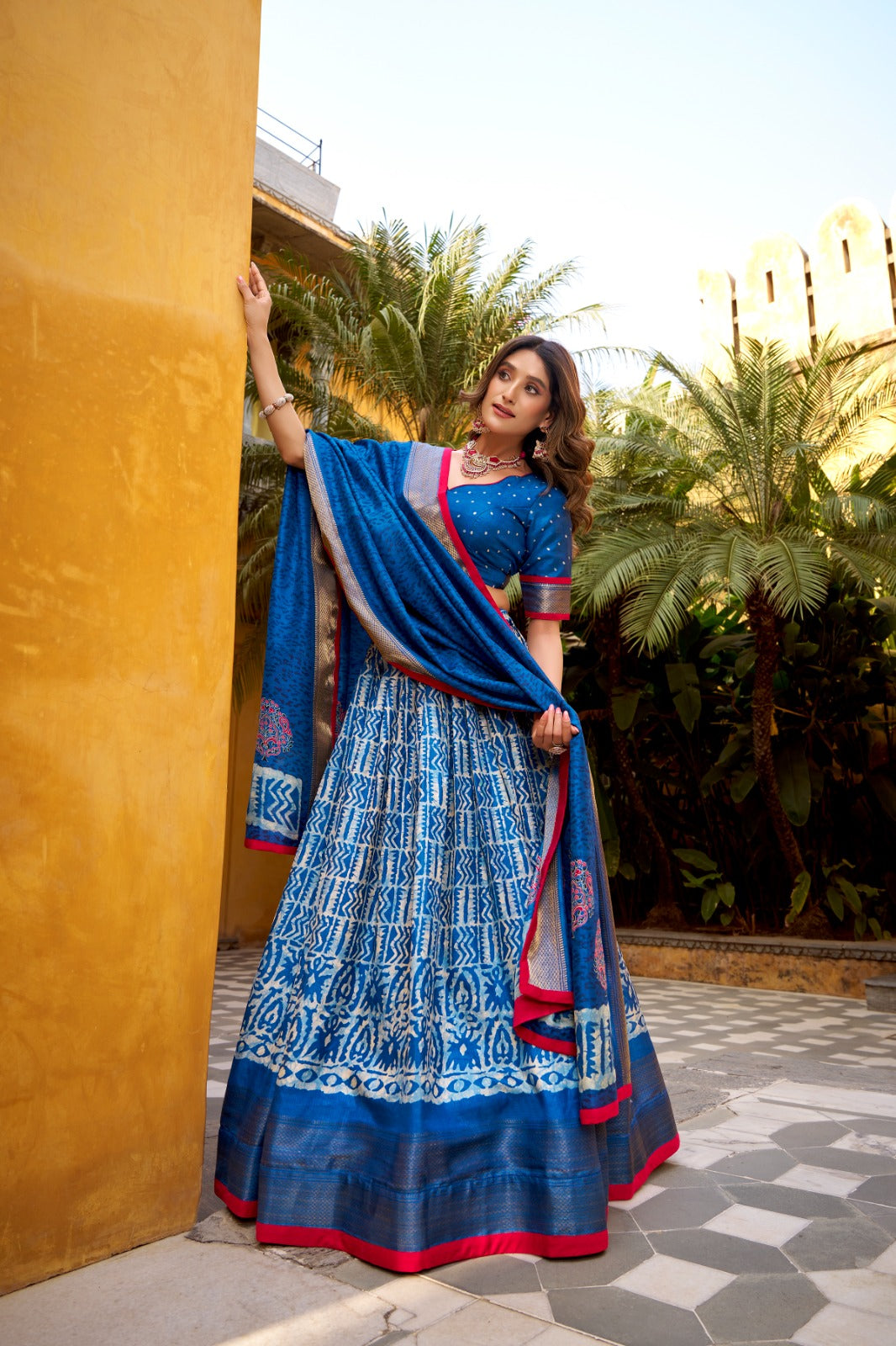 Dola Silk Batik Printed  Navy Blue Lehenga