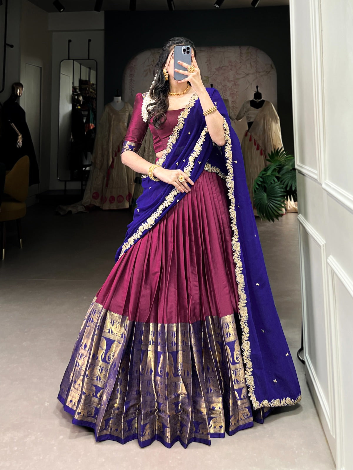 Narayan Pattu Zari Weaving  Wine Lehenga