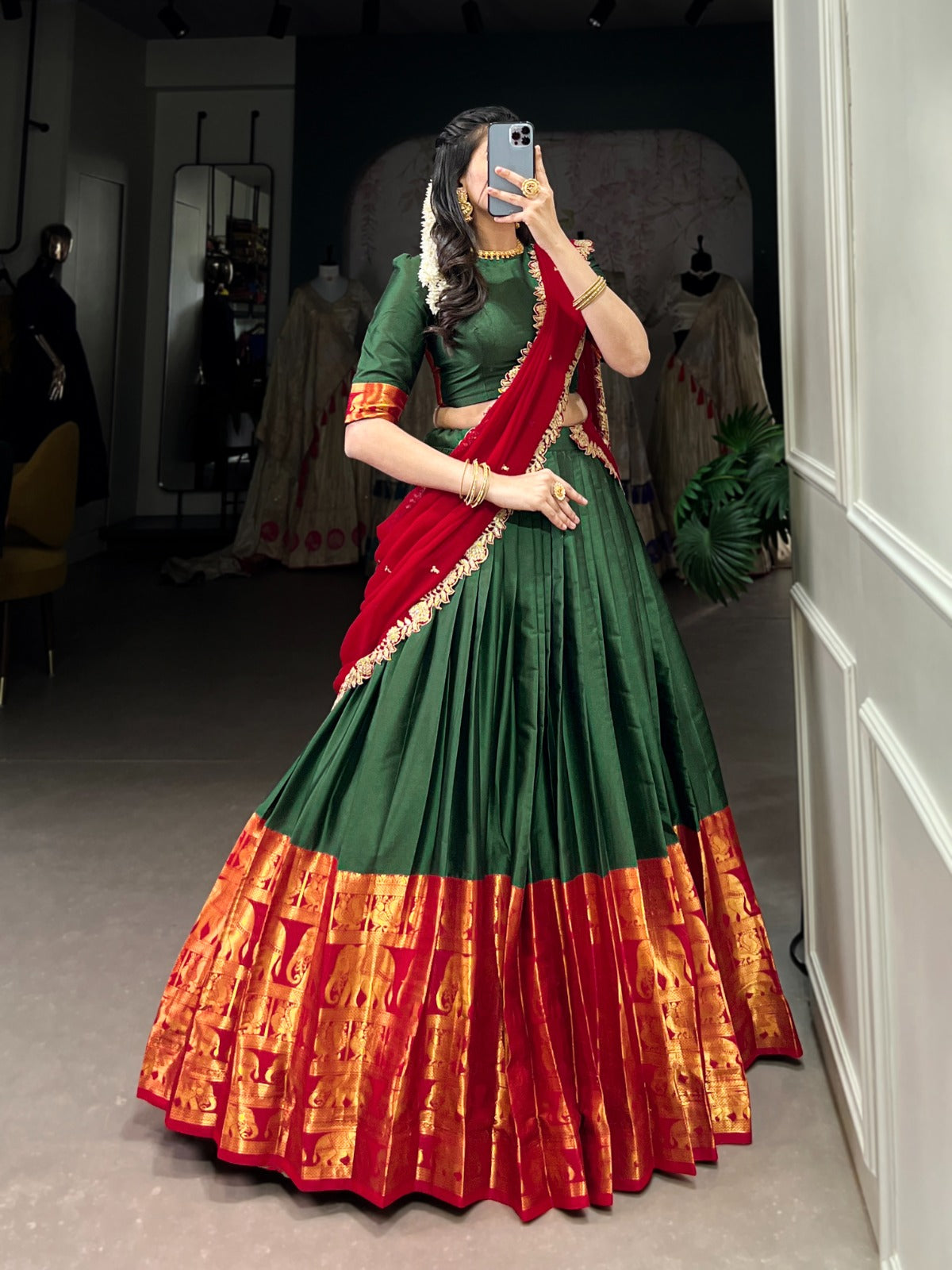 Narayan Pattu Zari Weaving  Bottle Bottle  Green Lehenga