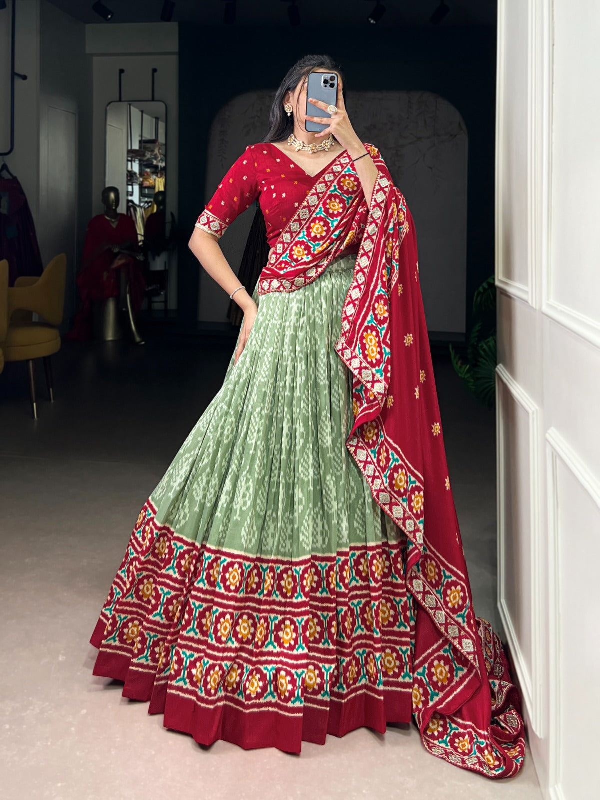 Tasar Silk Ikkat Printed  Pista  Lehenga