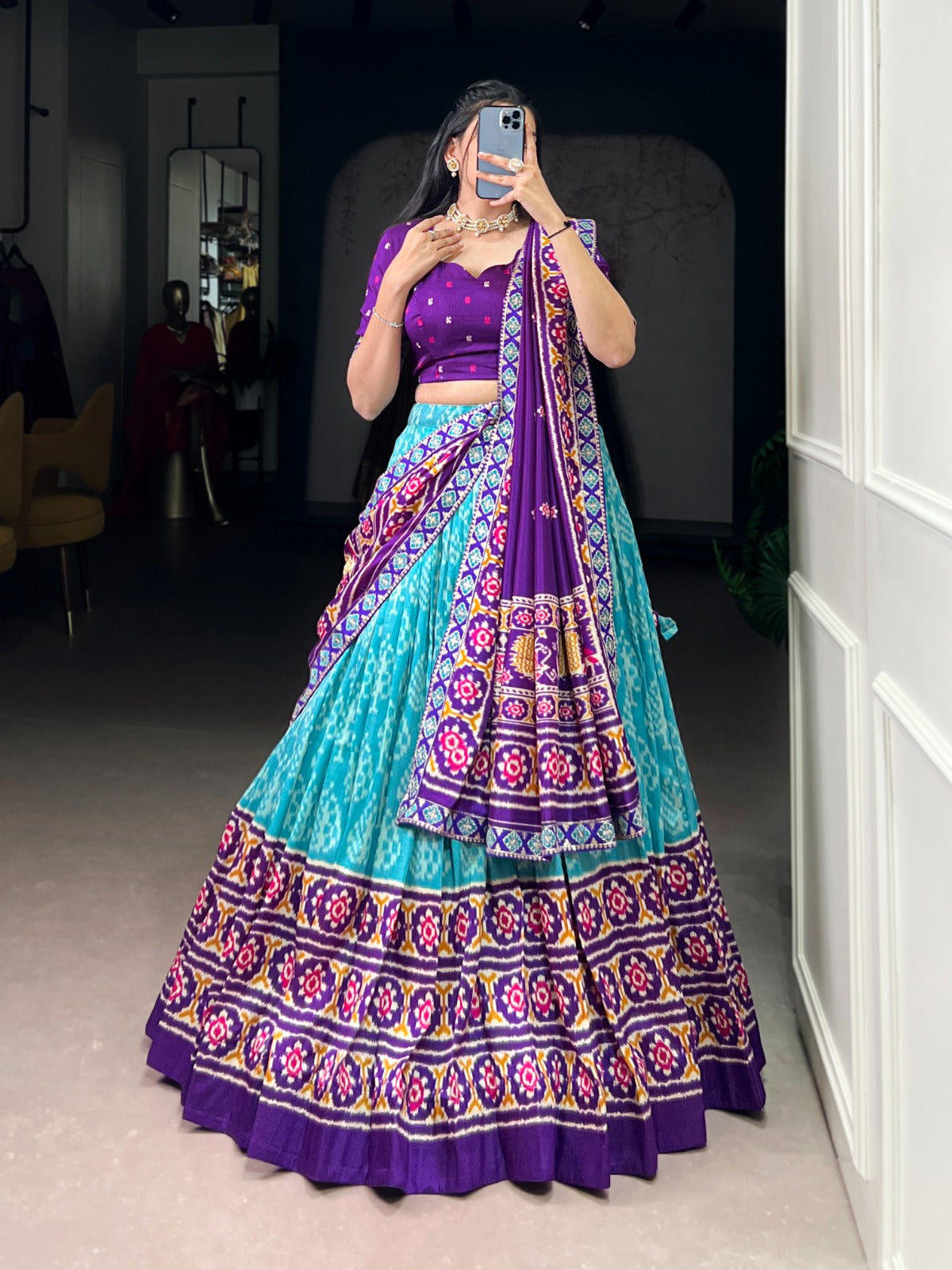 Tasar Silk Ikkat Printed  Sky Blue Lehenga