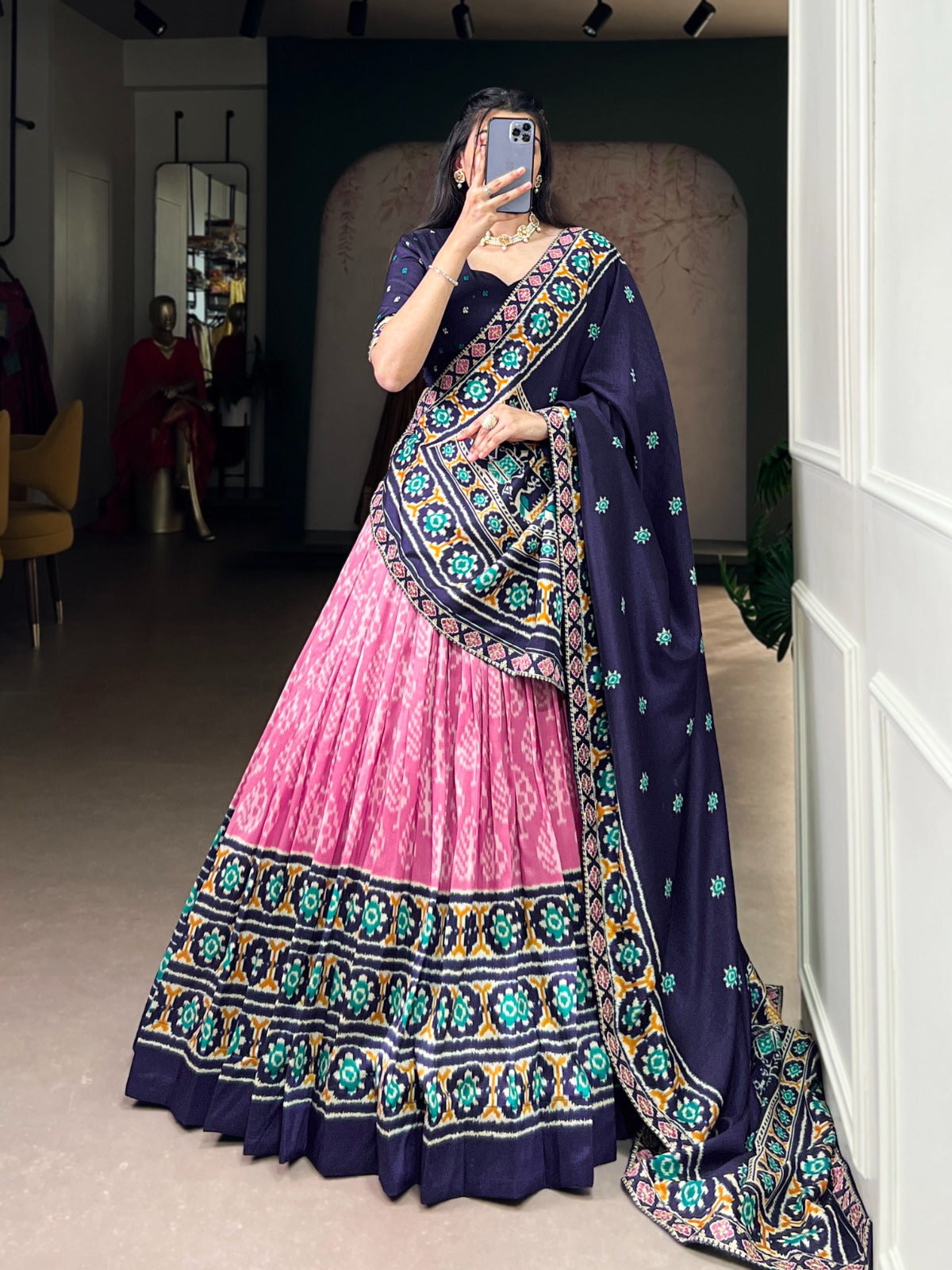 Tasar Silk Ikkat Printed  Pink Lehenga
