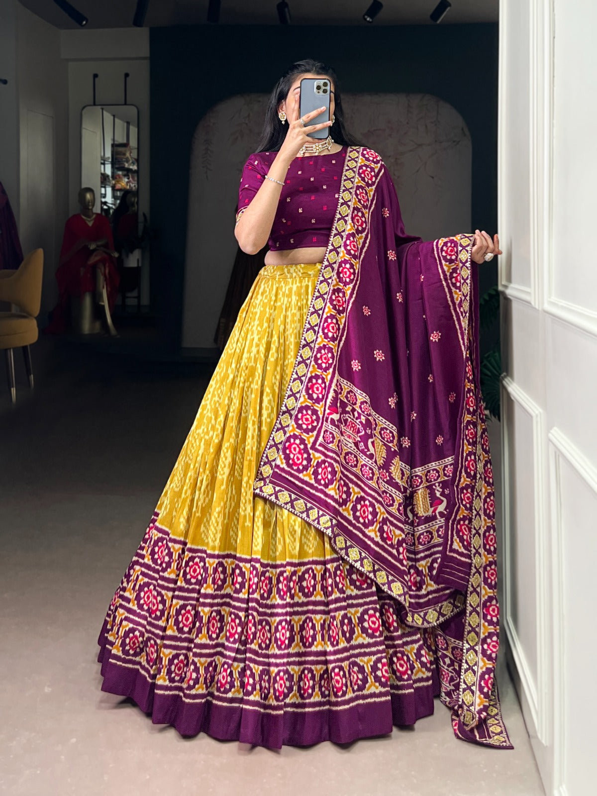 Tasar Silk Ikkat Printed  Yellow Lehenga
