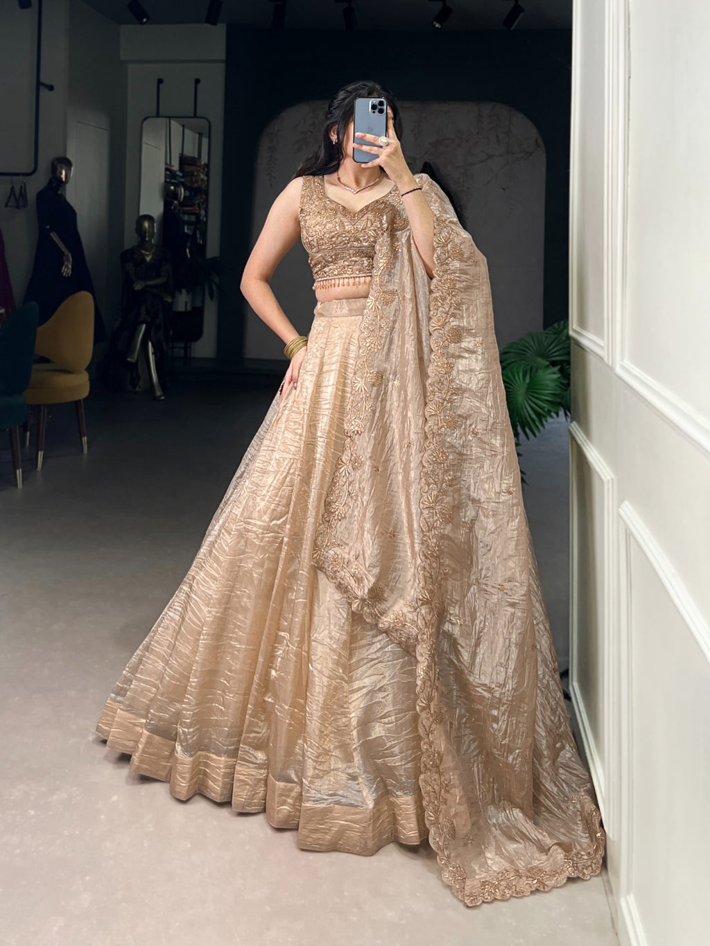 Gold Crush Embroidered Lehenga Choli Set with Dupatta