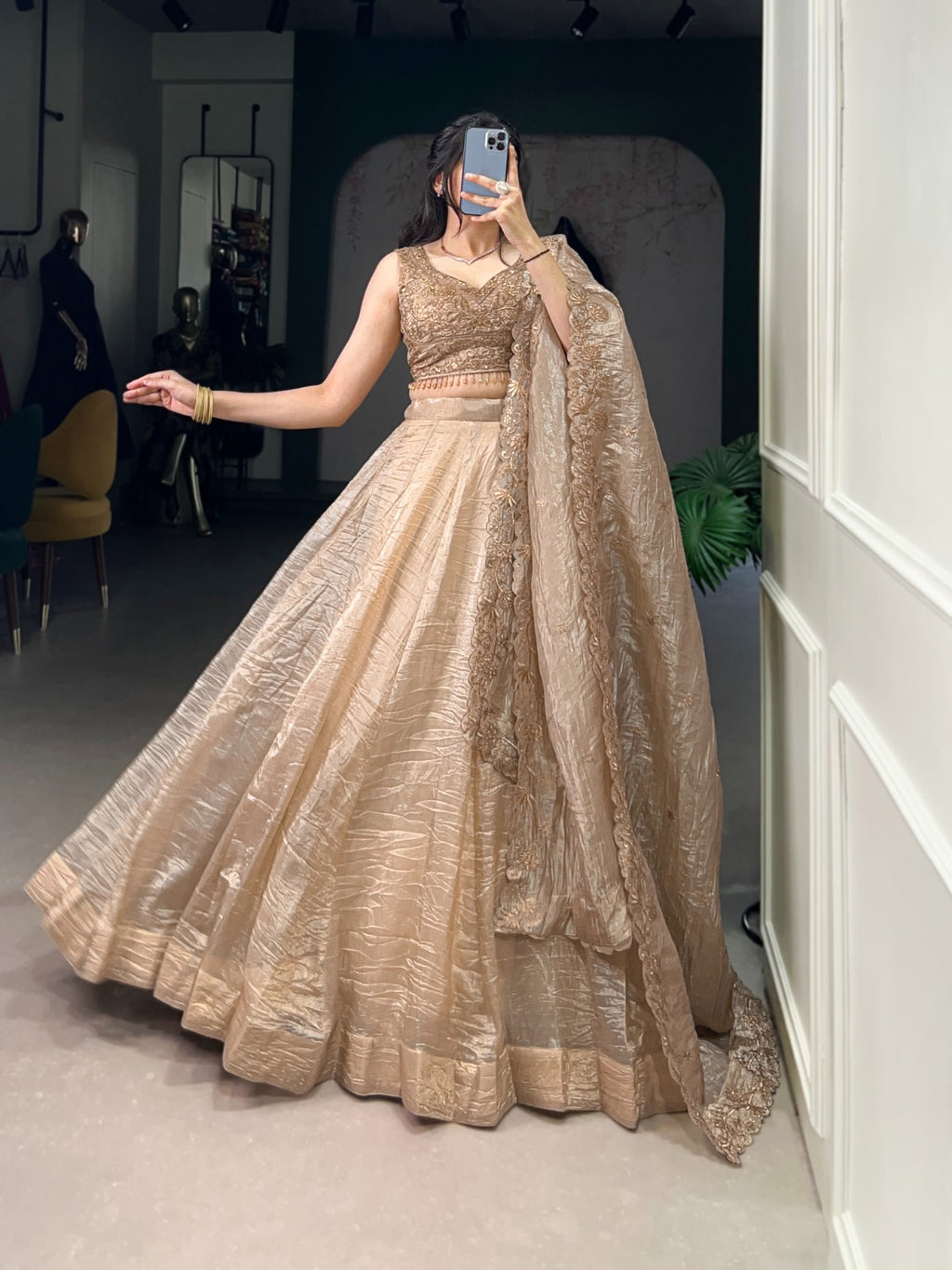 Gold Crush Embroidered Lehenga Choli Set with Dupatta