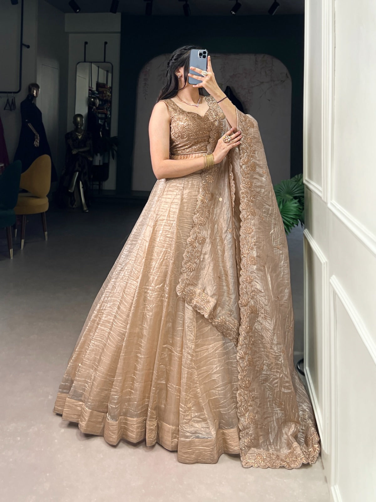 Gold Crush Embroidered Lehenga Choli Set with Dupatta
