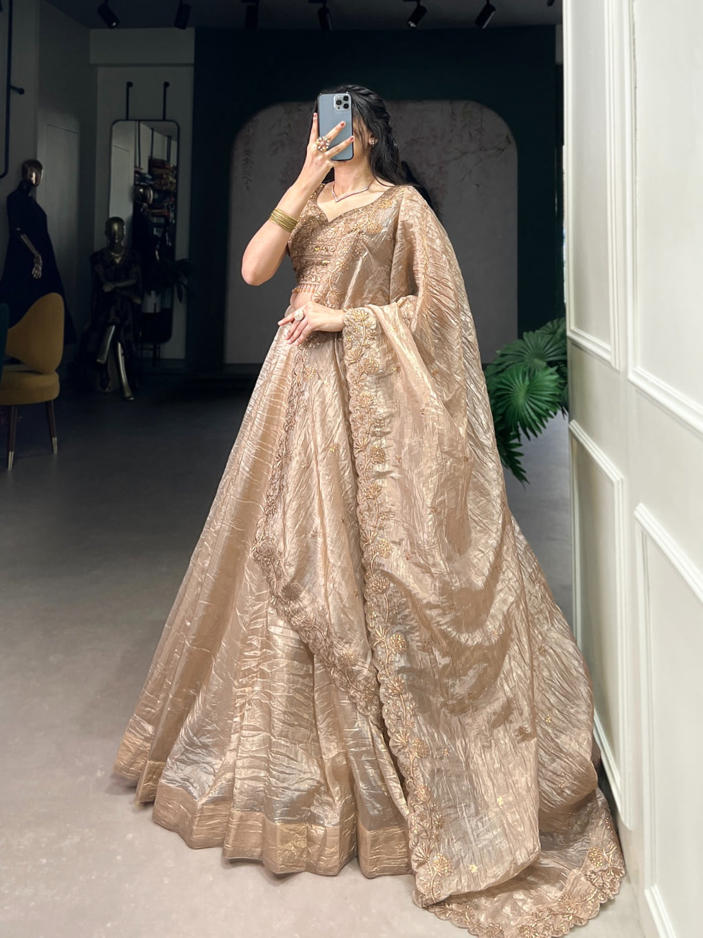 Gold Crush Embroidered Lehenga Choli Set with Dupatta