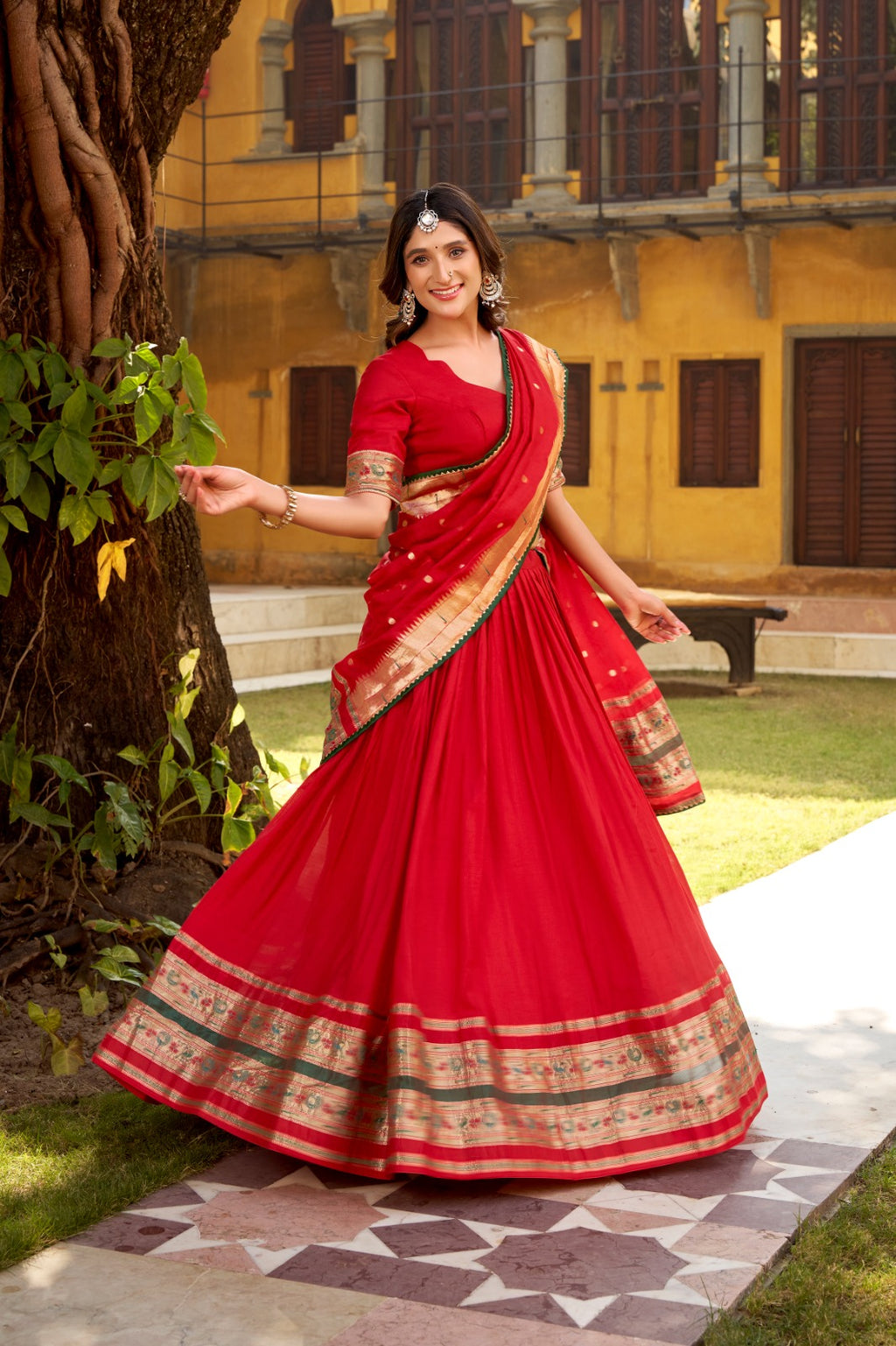 Paithani Zari Weaving Pure Chanderi Red Lehenga