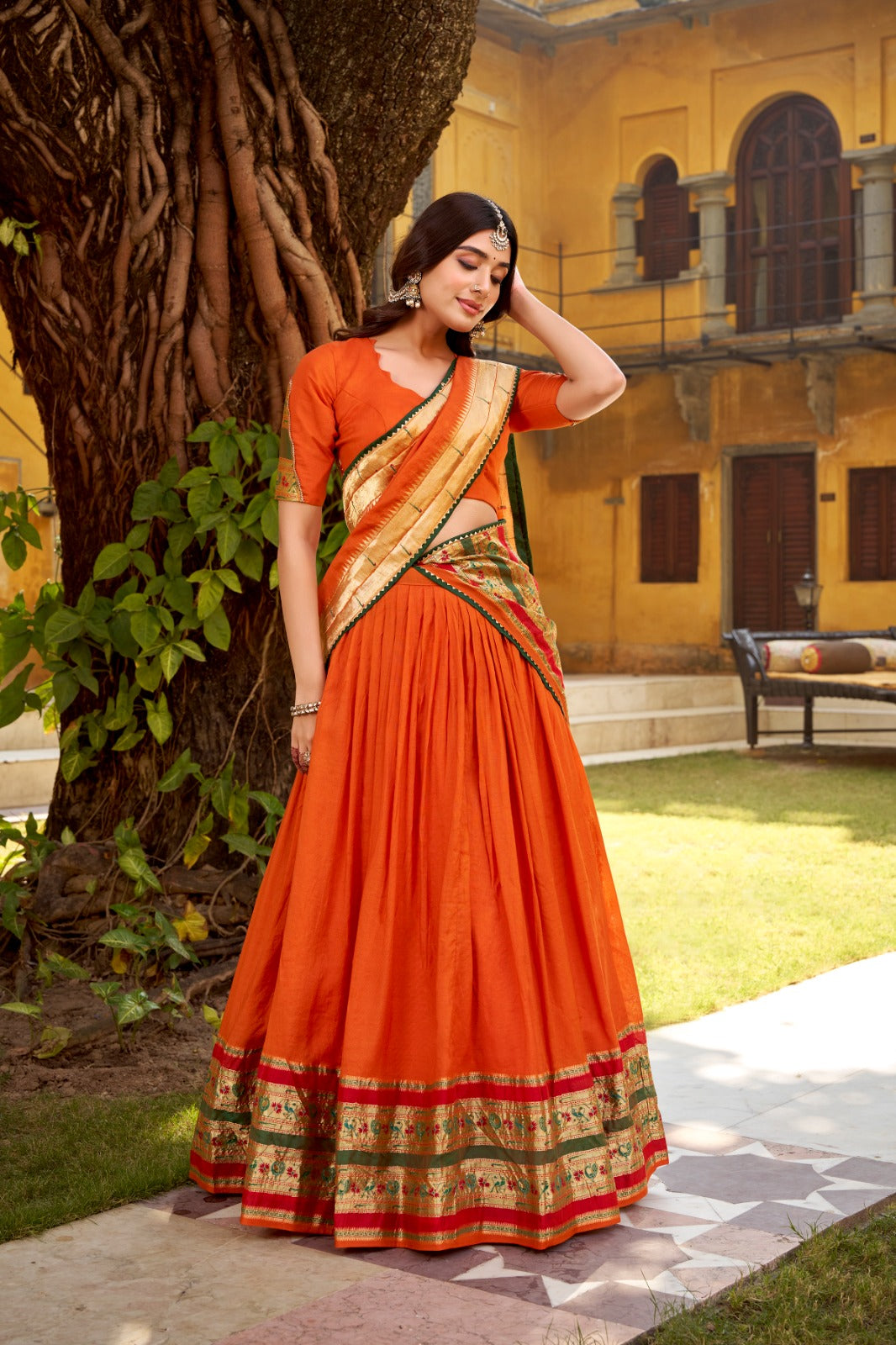Paithani Zari Weaving Pure Chanderi Orange Lehenga