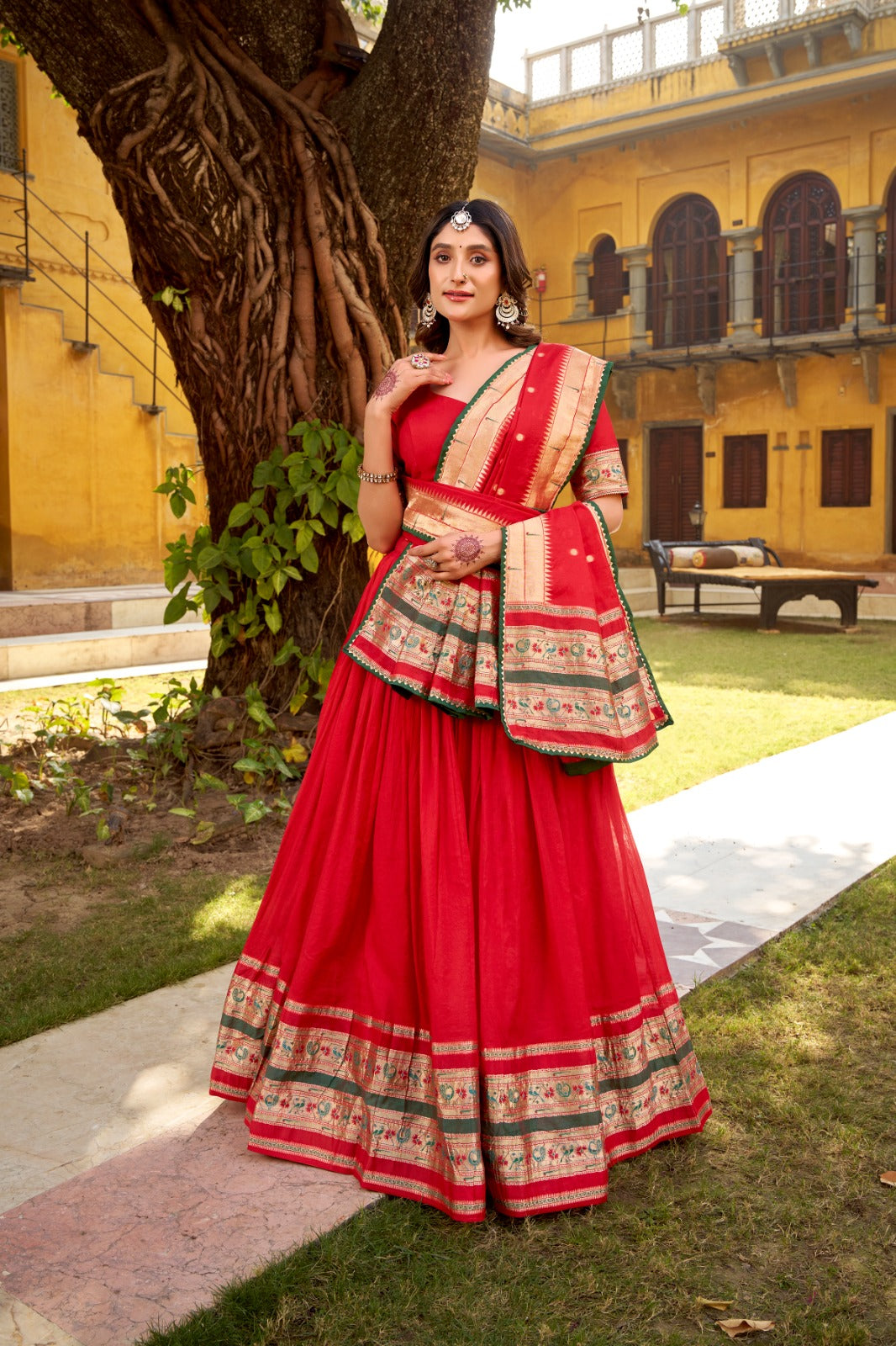 Paithani Zari Weaving Pure Chanderi Red Lehenga
