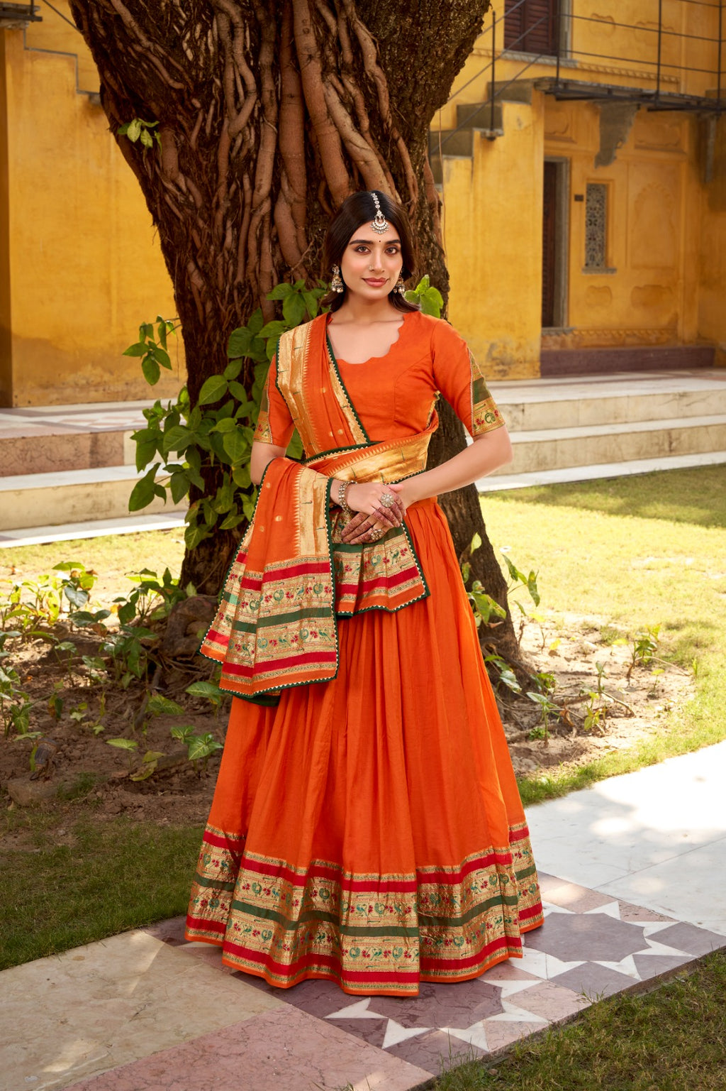 Paithani Zari Weaving Pure Chanderi Orange Lehenga
