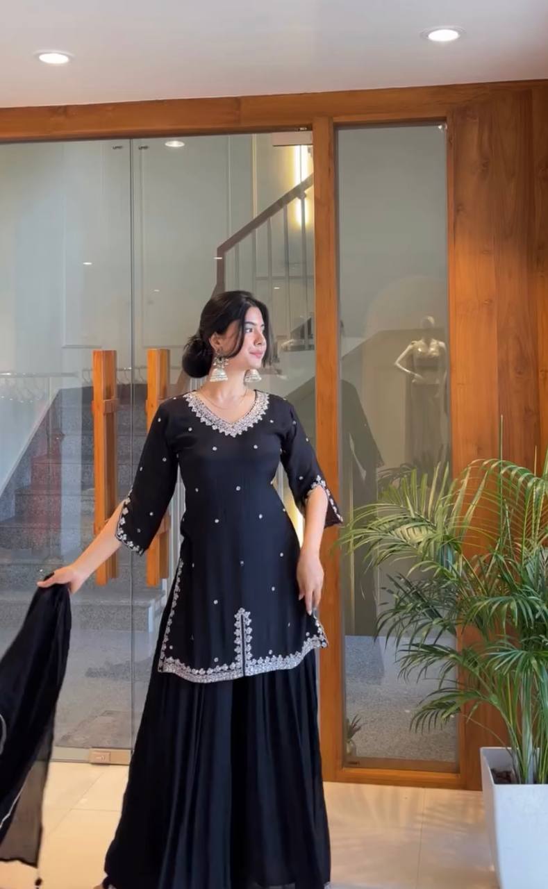 Black Faux Georgette Plazzo Set