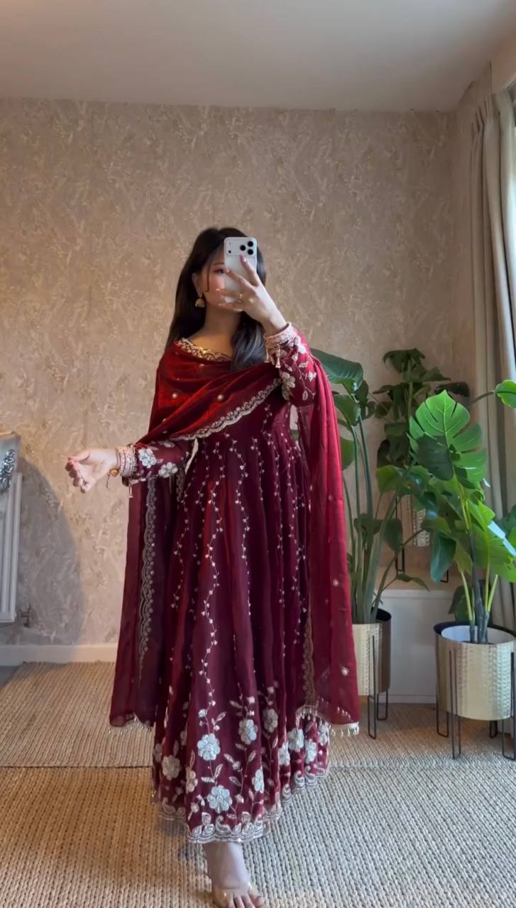 Wine Fendy Silk Anarkali Piece Set