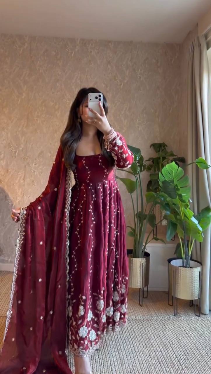 Wine Fendy Silk Anarkali Piece Set