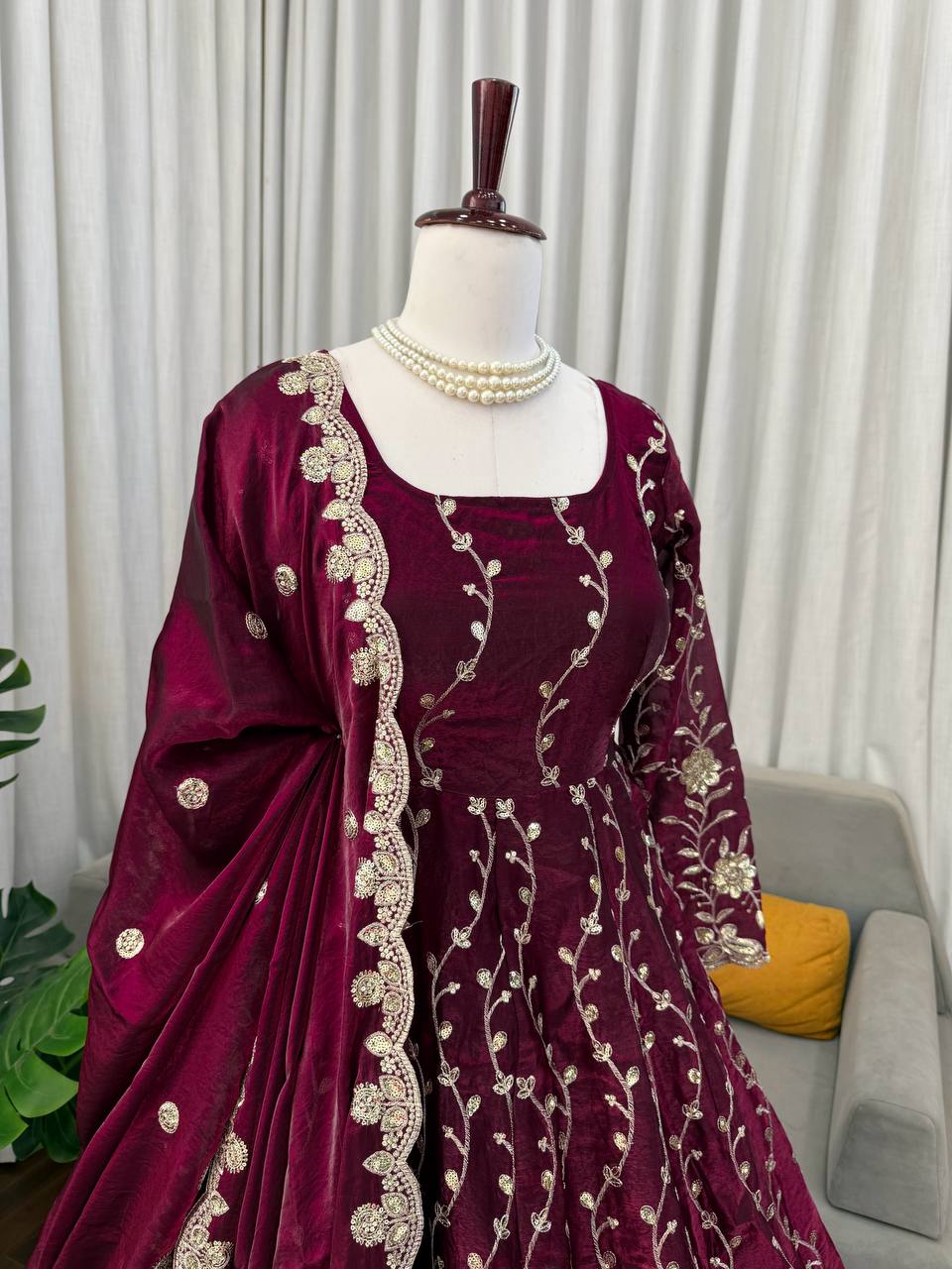 Wine Fendy Silk Anarkali Piece Set