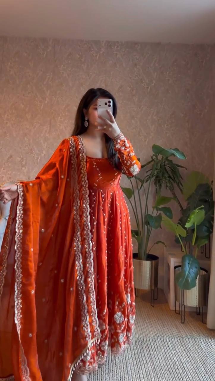 Orange Fendy Silk Anarkali Piece Set