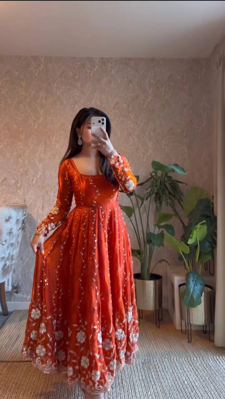 Orange Fendy Silk Anarkali Piece Set