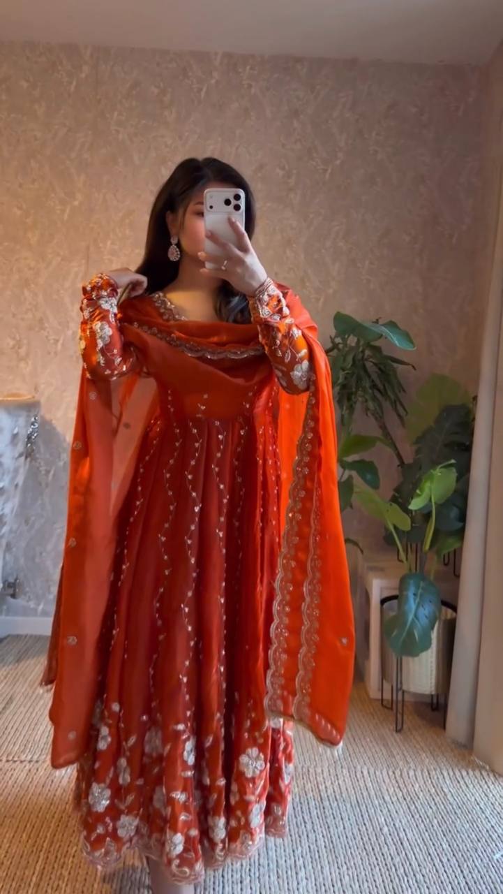 Orange Fendy Silk Anarkali Piece Set
