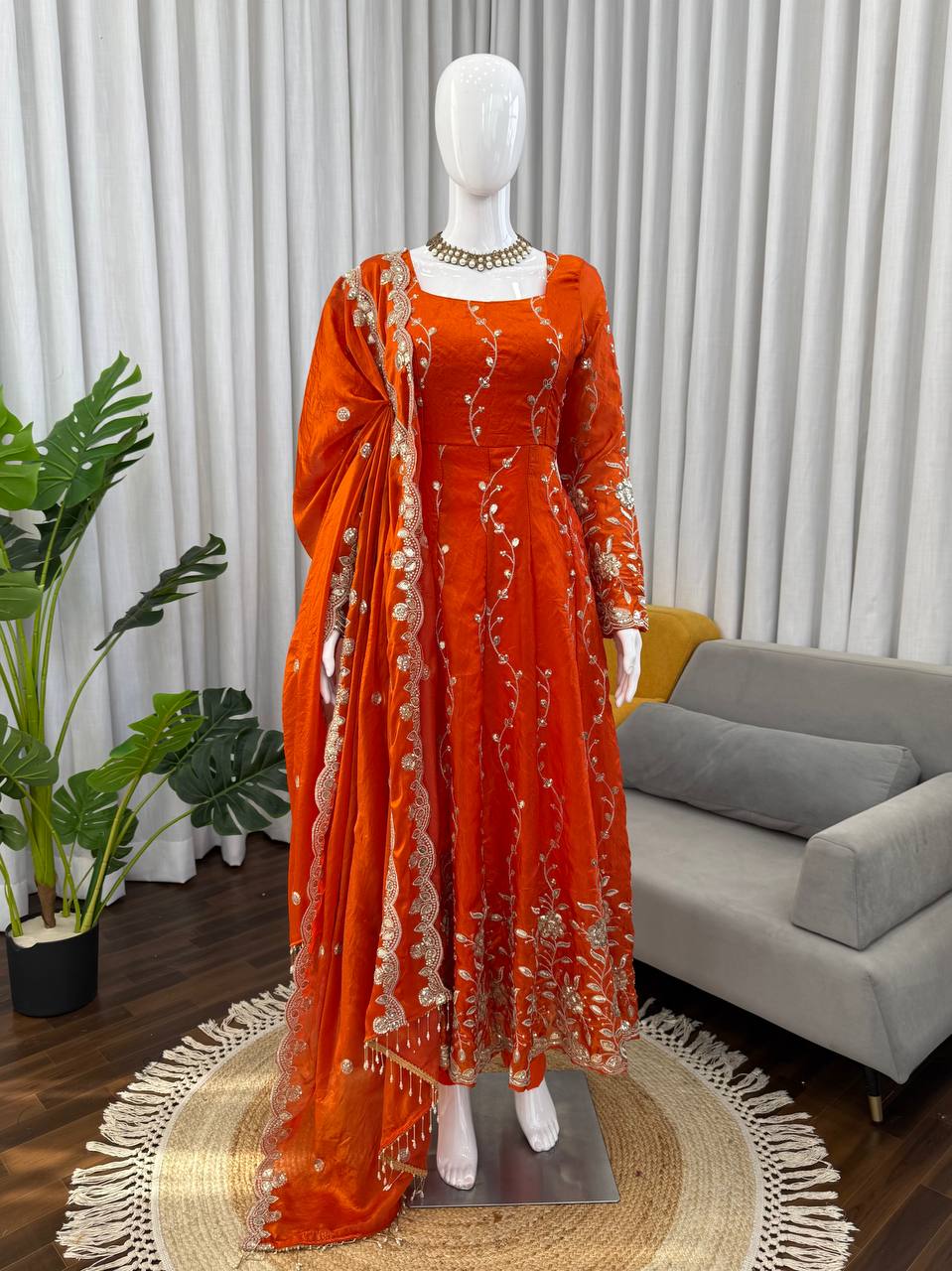 Orange Fendy Silk Anarkali Piece Set