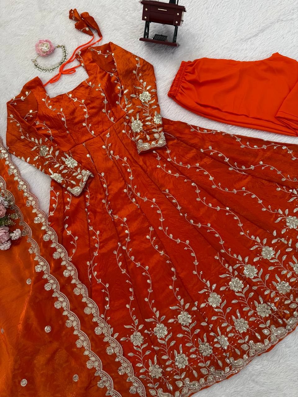 Orange Fendy Silk Anarkali Piece Set