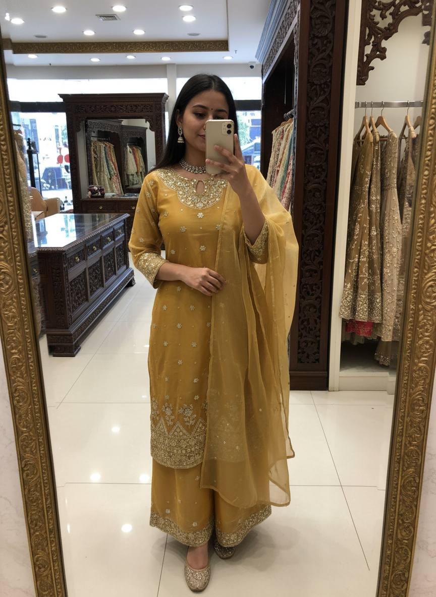 Mustard Yellow Silk Kurti Plazzo Set