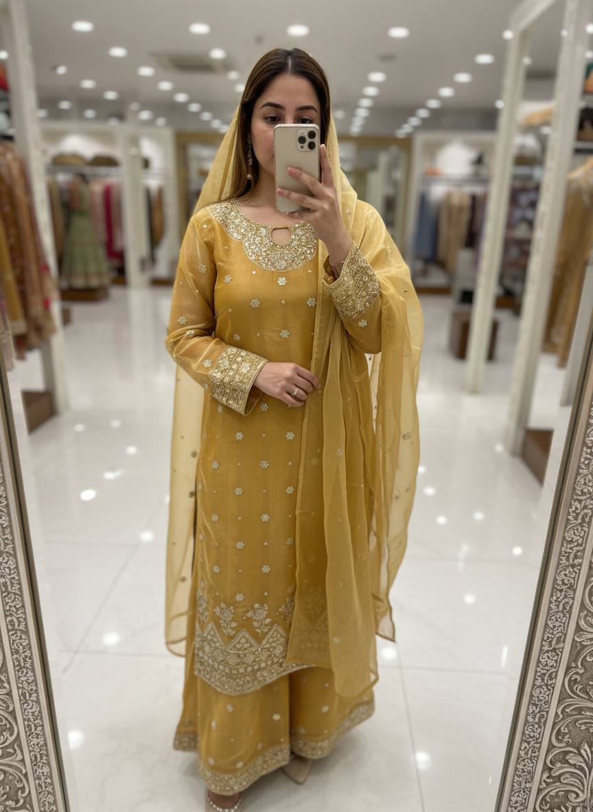 Mustard Yellow Silk Kurti Plazzo Set