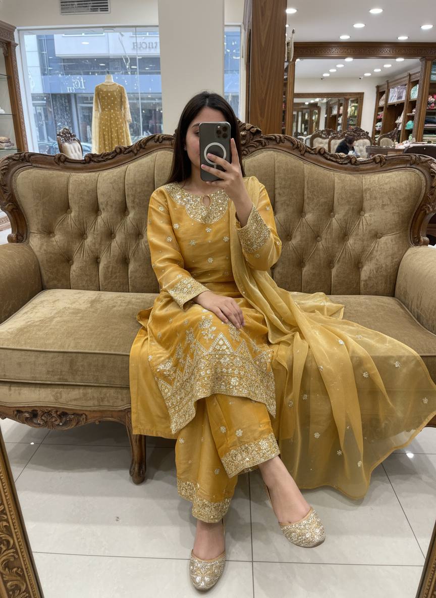 Mustard Yellow Silk Kurti Plazzo Set
