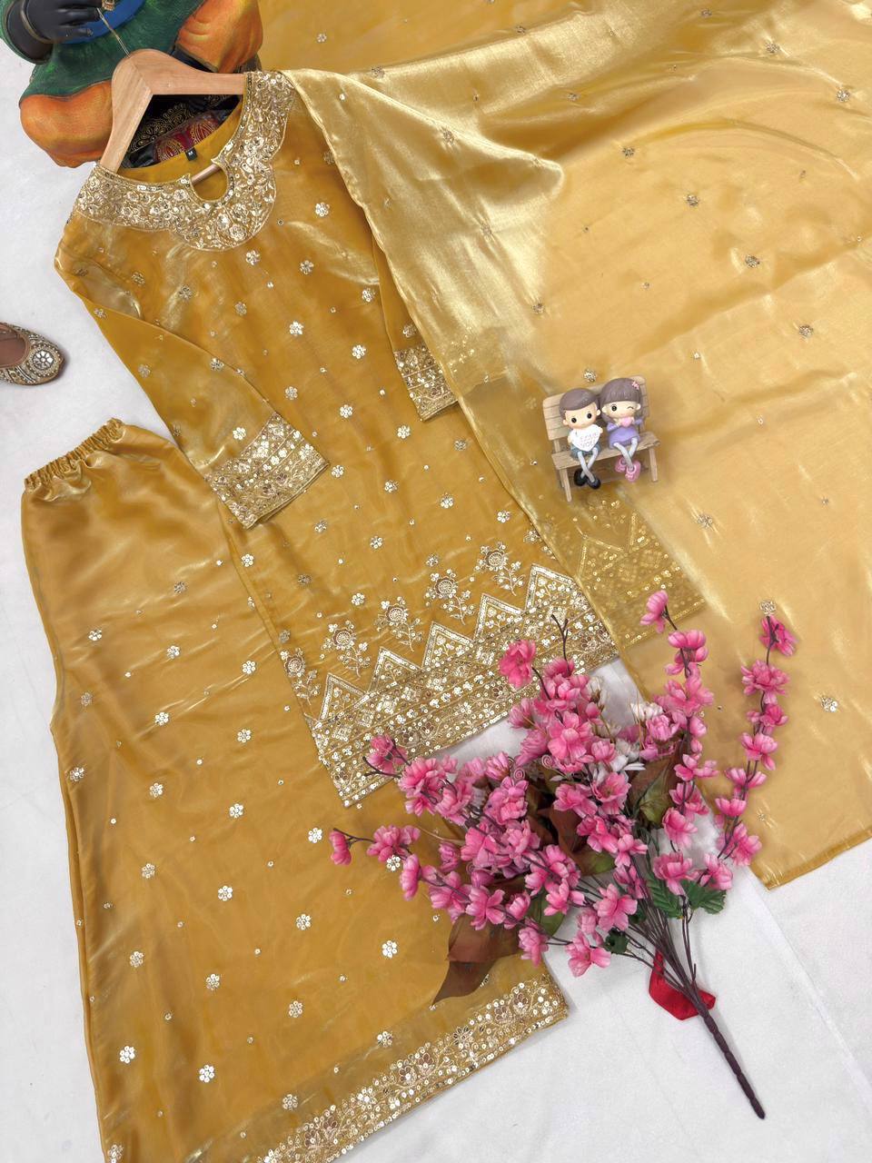Mustard Yellow Silk Kurti Plazzo Set