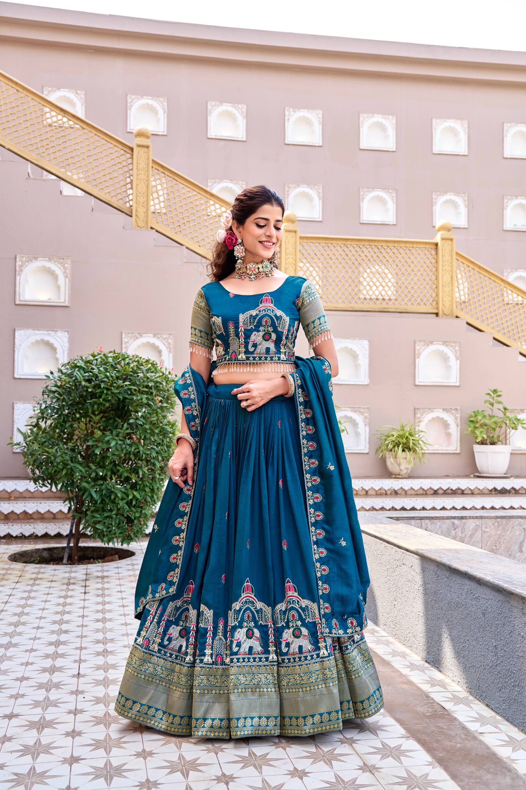 Teal Blue Vichitra Embroidered Lehenga