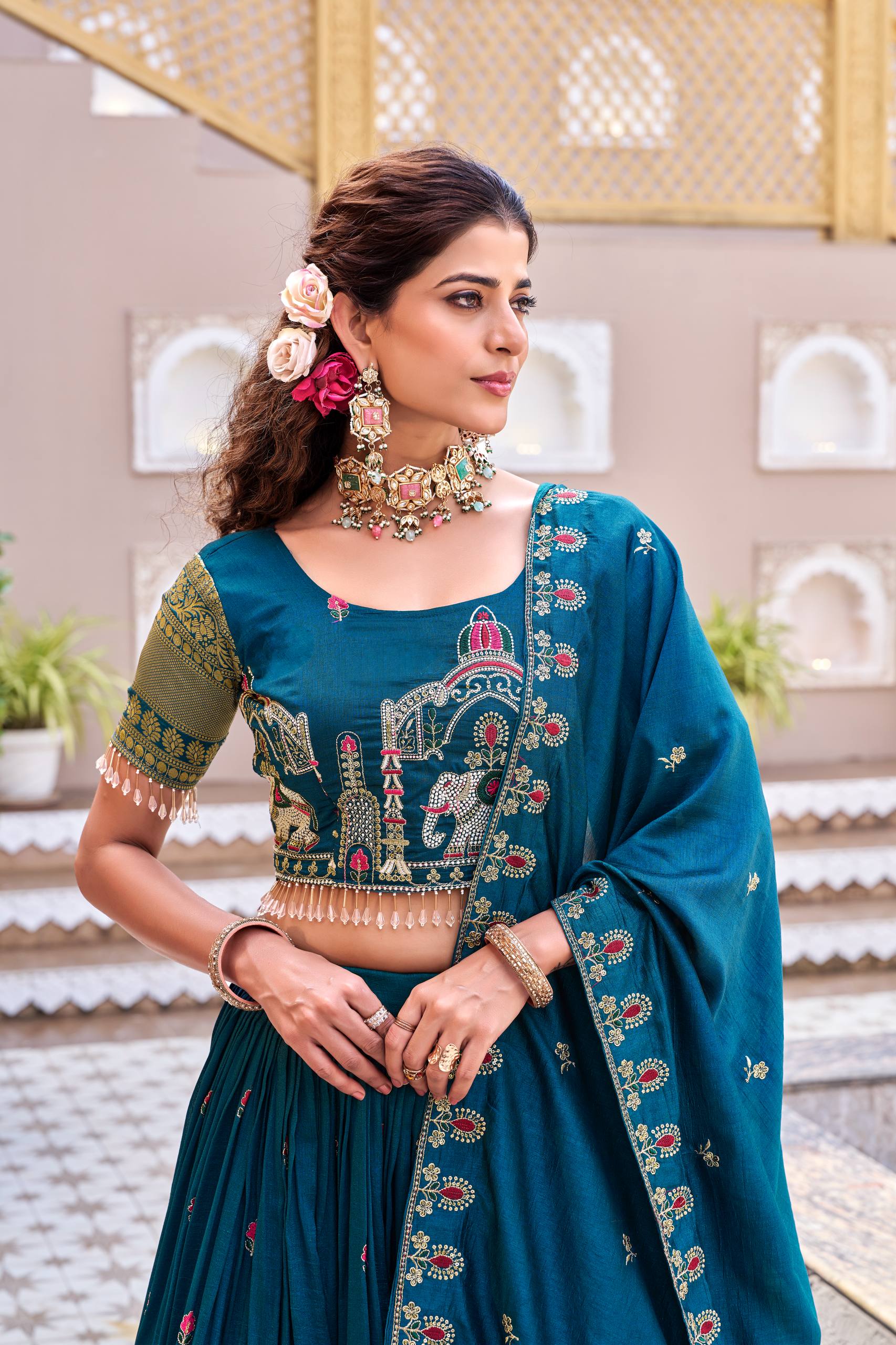 Teal Blue Vichitra Embroidered Lehenga
