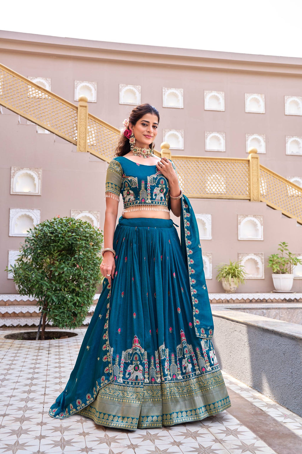 Teal Blue Vichitra Embroidered Lehenga