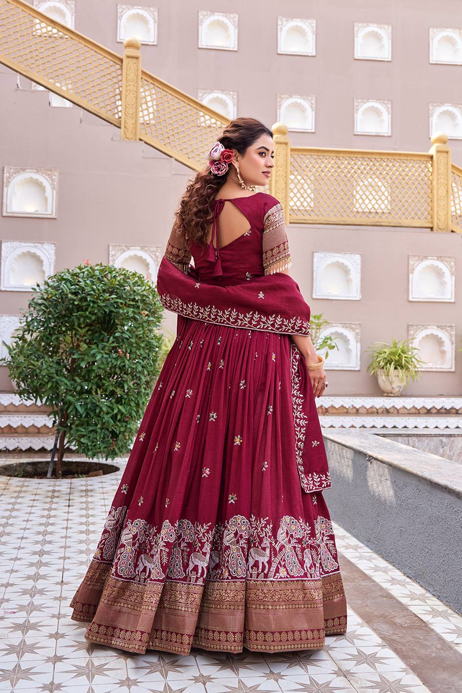 Maroon Vichitra Embroidered Lehenga