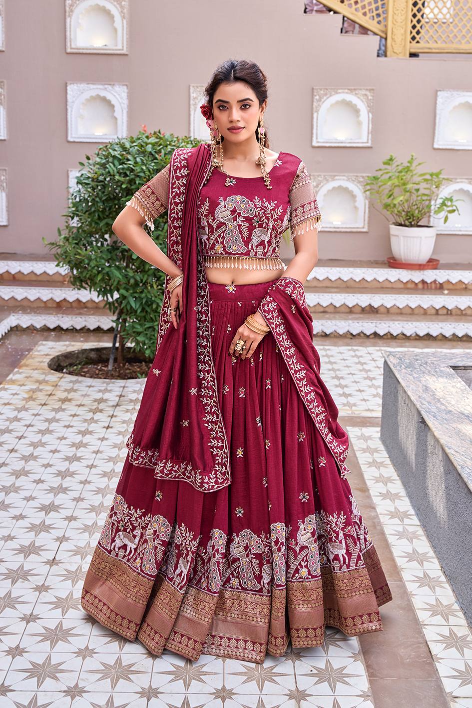 Maroon Vichitra Embroidered Lehenga