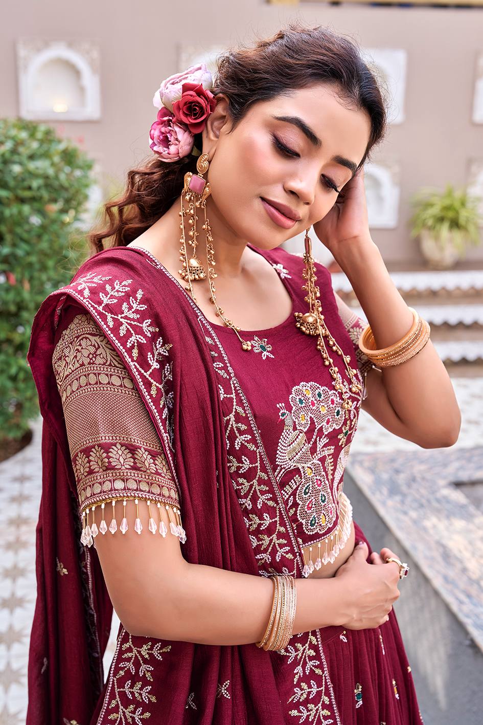 Maroon Vichitra Embroidered Lehenga