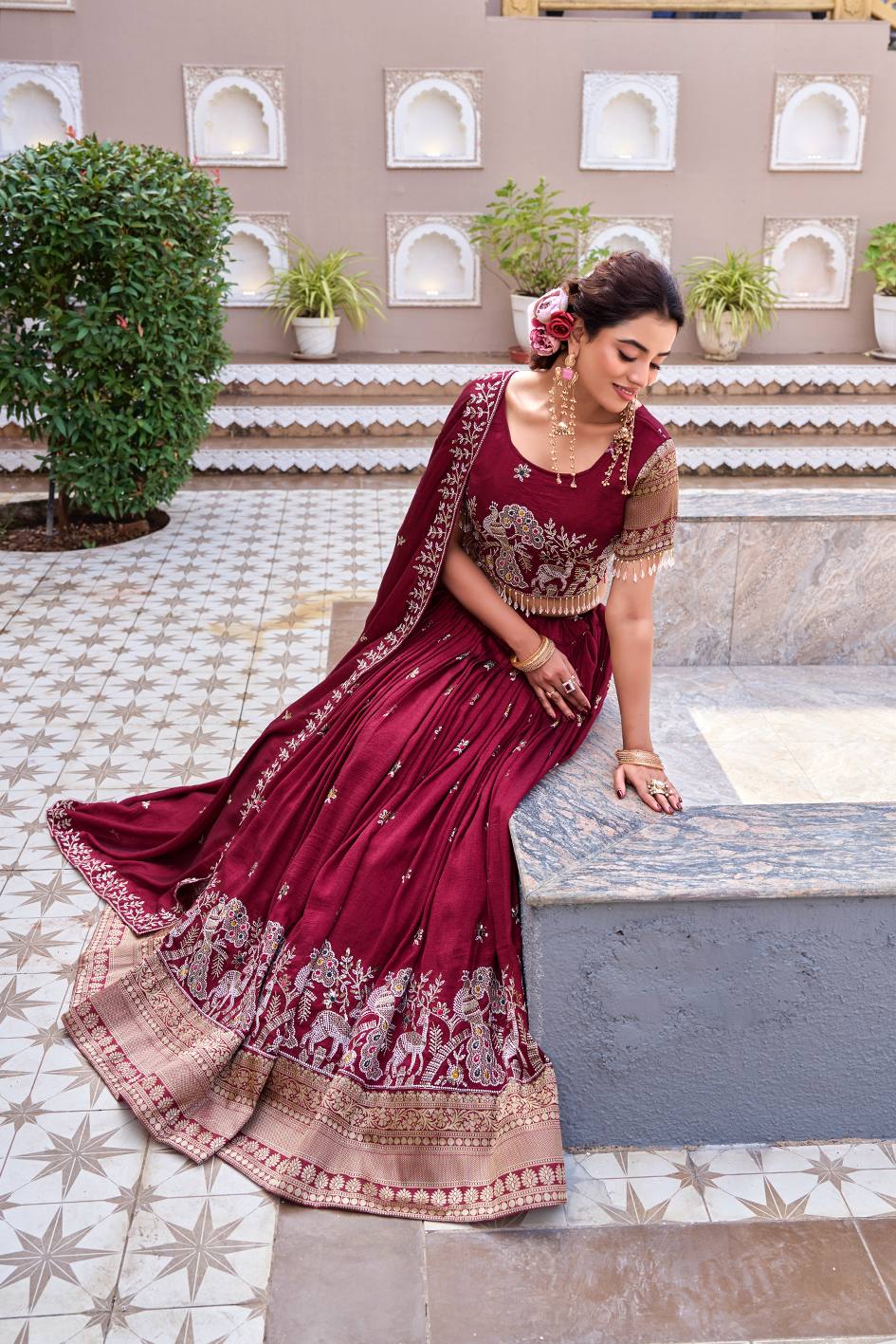 Maroon Vichitra Embroidered Lehenga