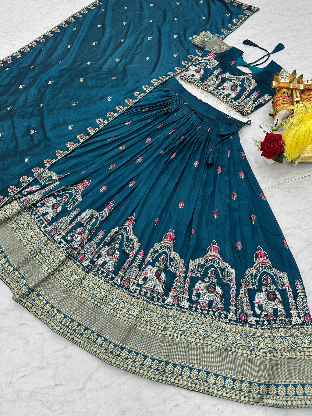 Teal Blue Vichitra Embroidered Lehenga
