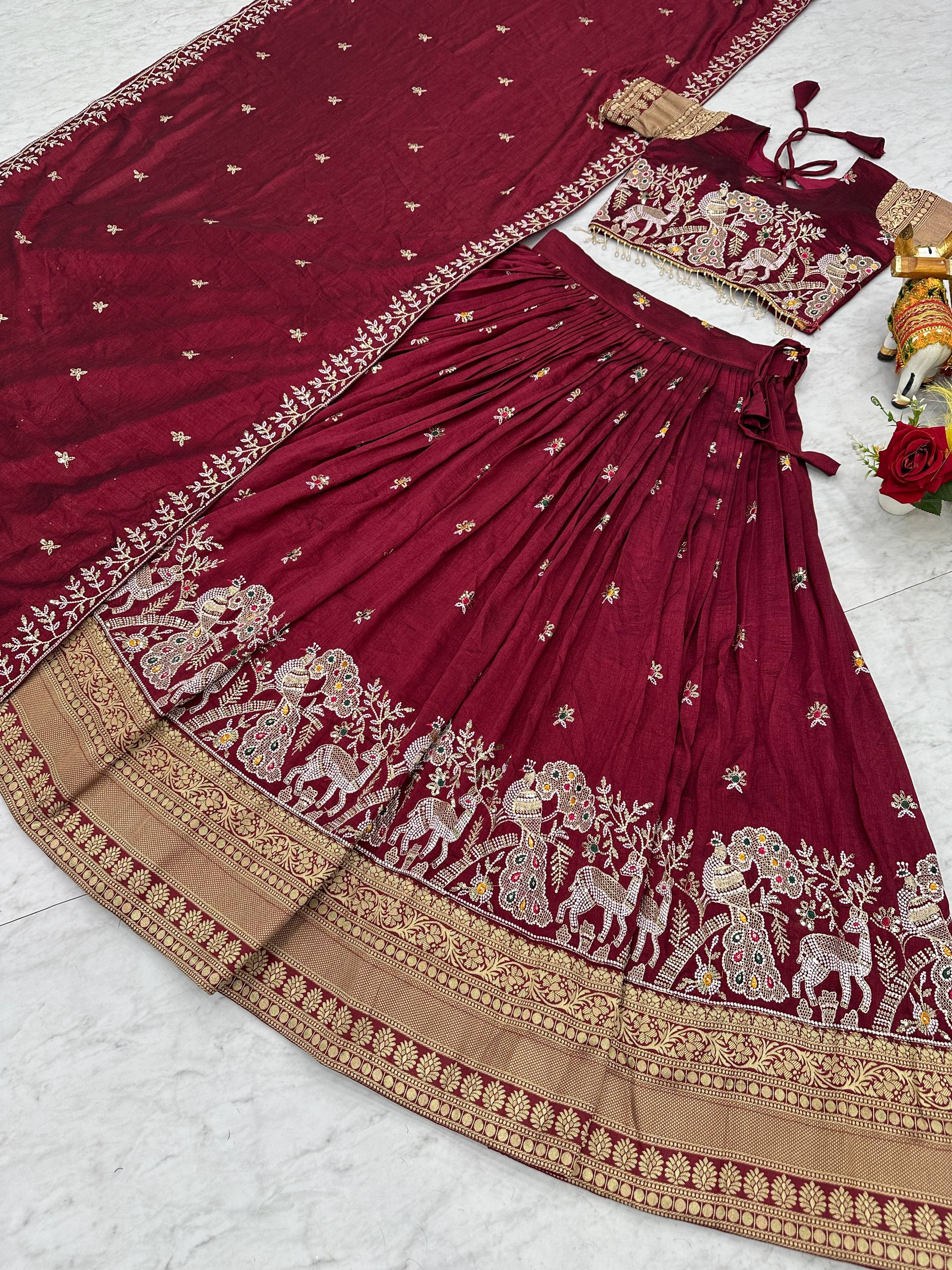 Maroon Vichitra Embroidered Lehenga