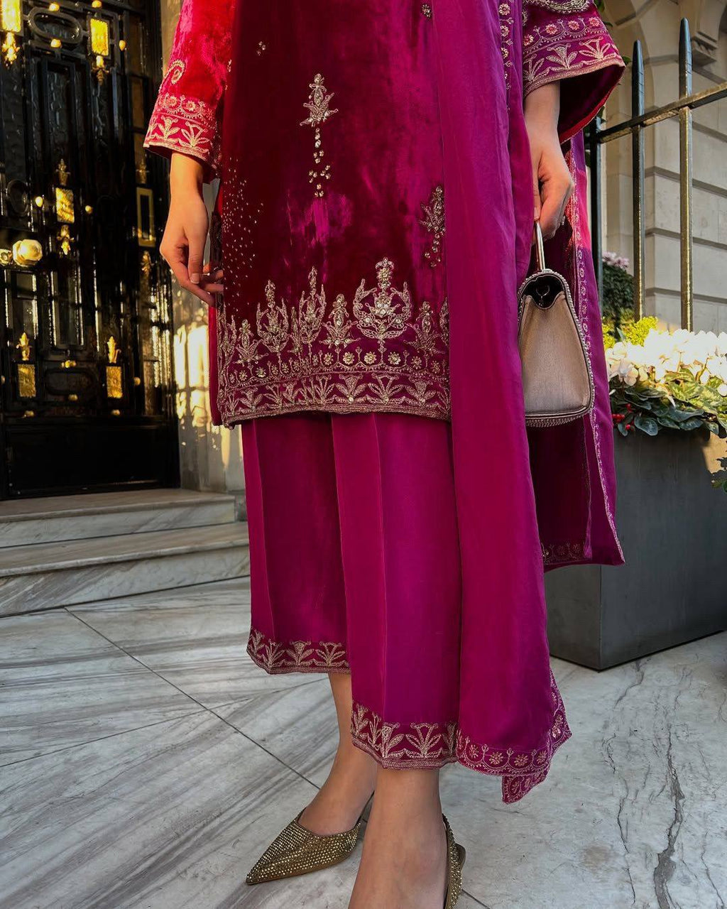 Rani Velvet Kurti–Plazzo–Dupatta Set