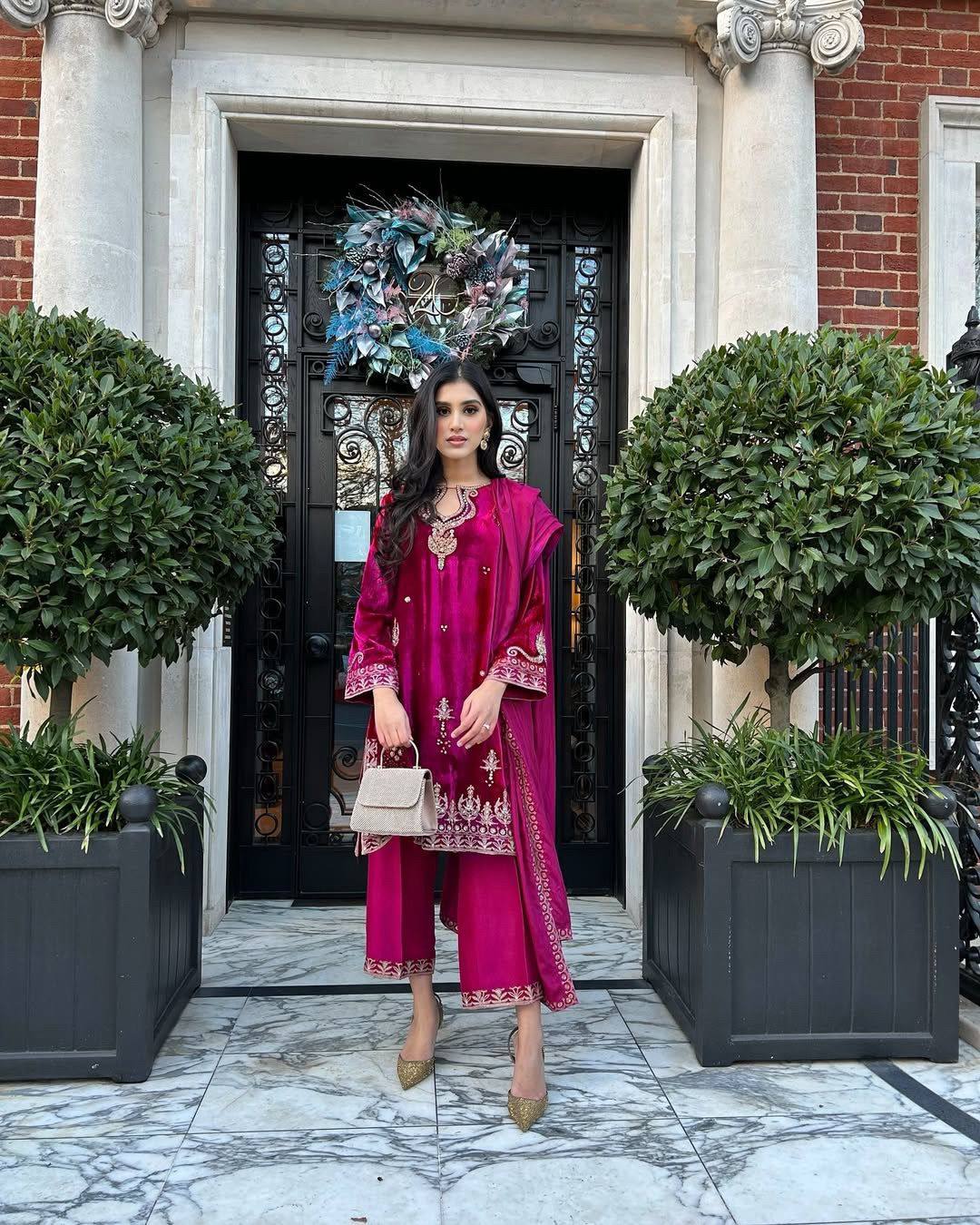 Rani Velvet Kurti–Plazzo–Dupatta Set