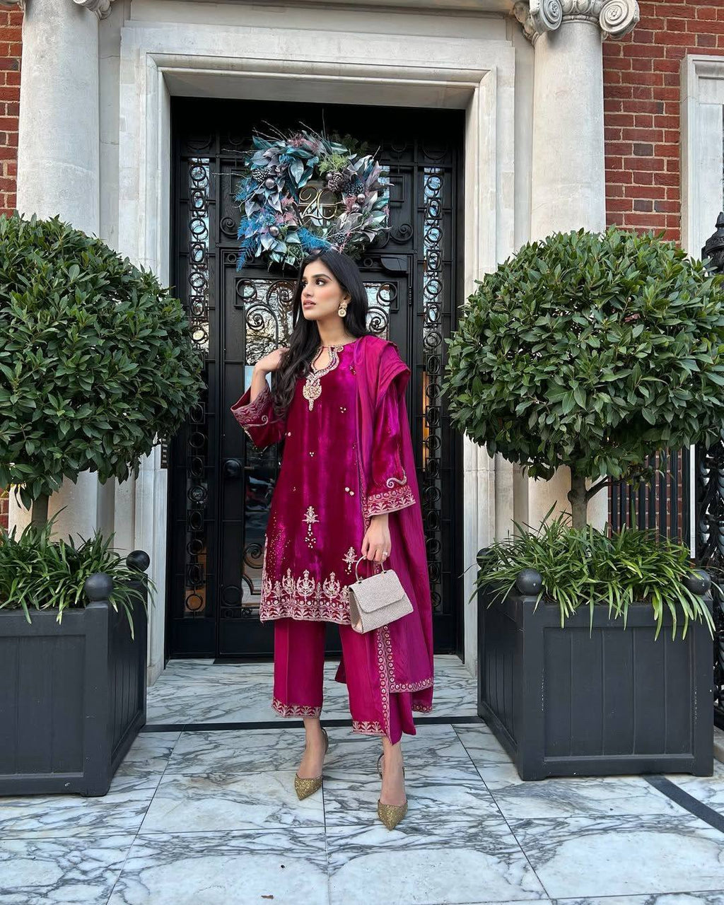 Rani Velvet Kurti–Plazzo–Dupatta Set