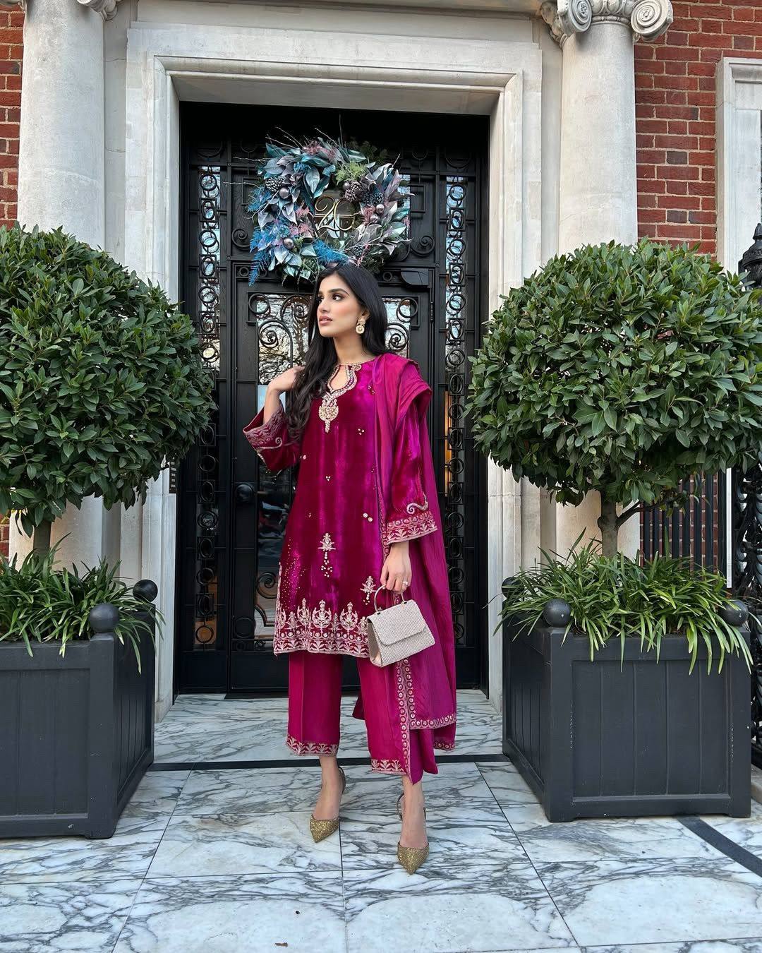 Rani Velvet Kurti–Plazzo–Dupatta Set