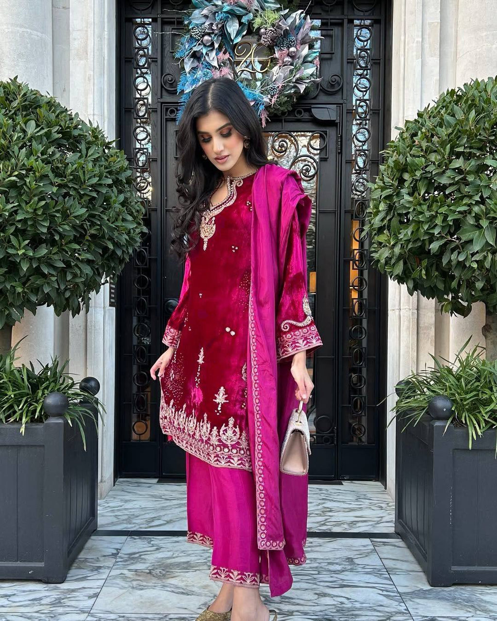 Rani Velvet Kurti–Plazzo–Dupatta Set