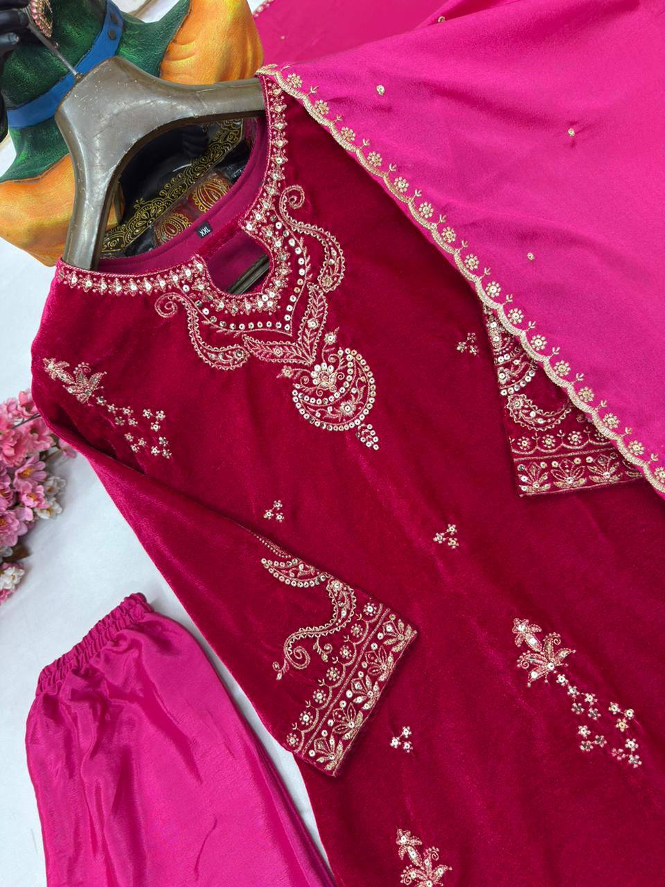 Rani Velvet Kurti–Plazzo–Dupatta Set