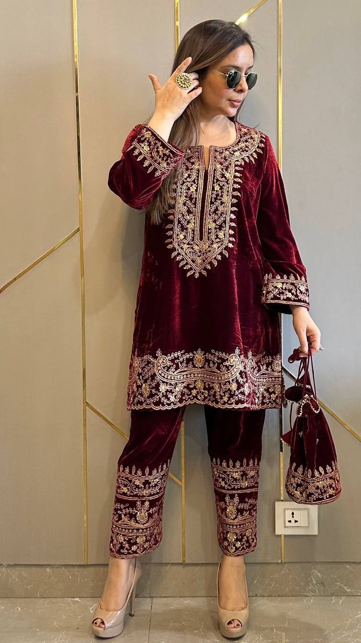 Maroon Velvet Kurti Pant Set